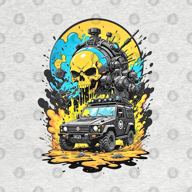 Apocalyptic cyberpunk truck feral skull futuristic poster design by Neon City Bazaar